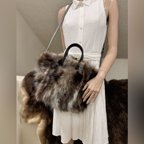 Genuine Fox Fur Handmade Large Tote/Metal Clip & Leather Handles Bag/Crossbody - Picture 11 of 16
